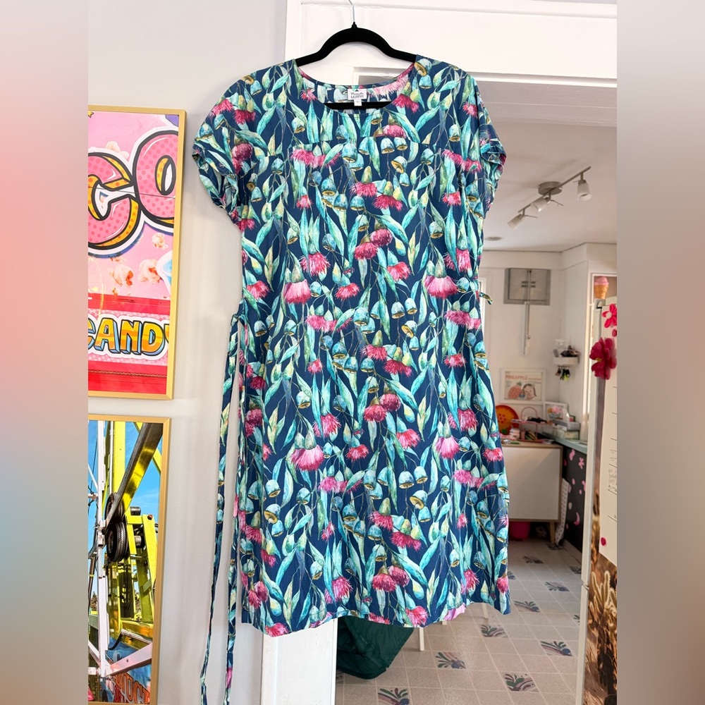 Floral Navy Midi Dress with Pink Accents